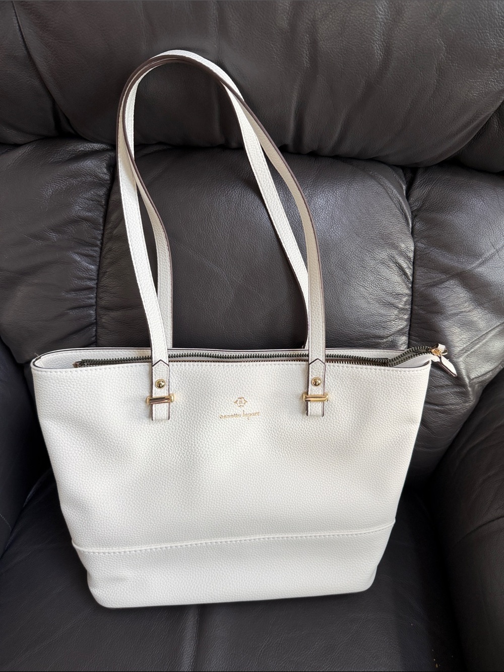 Nanette Lepore White Pebbled Leather Double-Handle Tote with Gold Hardware